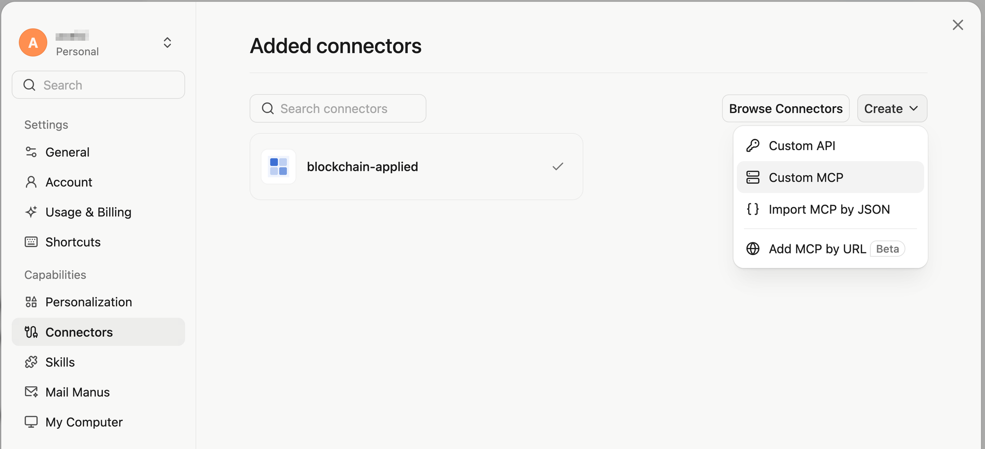 screenshot of settings: connectors: create custom MCP