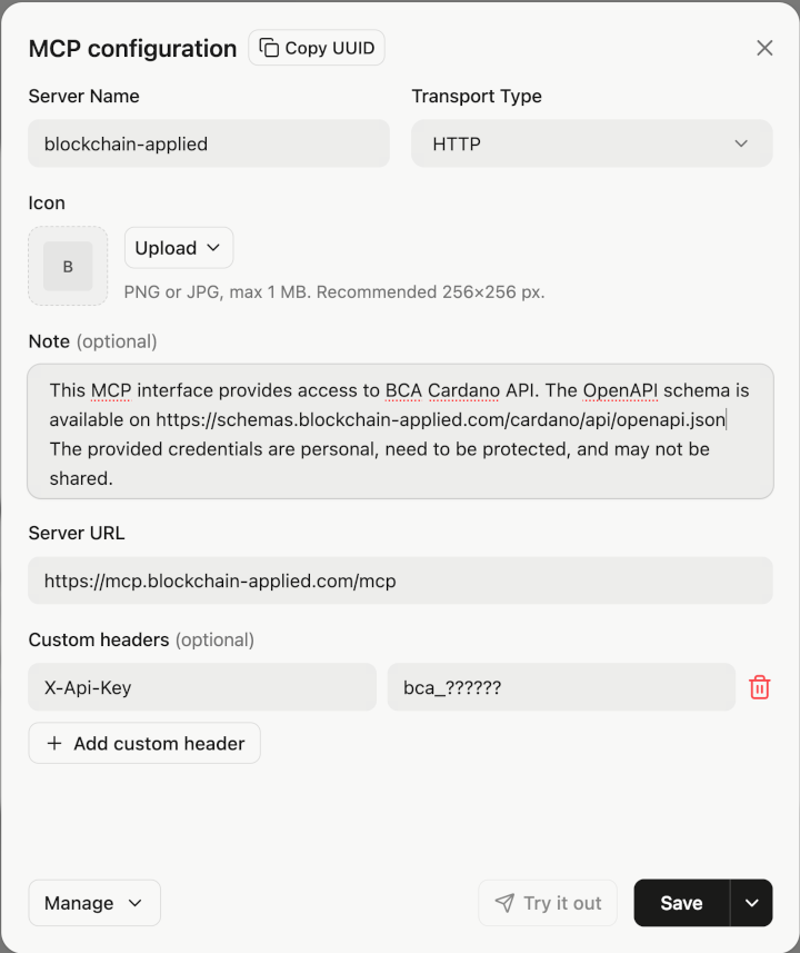 screenshot of the form to configure the BCA MCP server