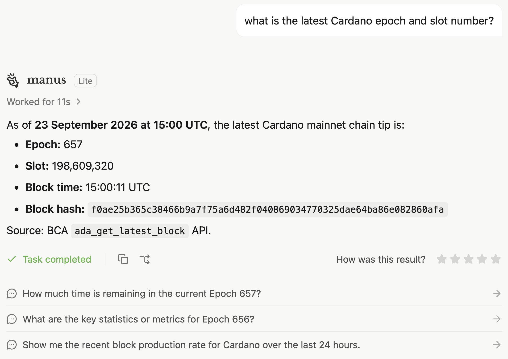 screenshot of an AI session querying the latest epoch and slot_no from BCA's Cardano API
