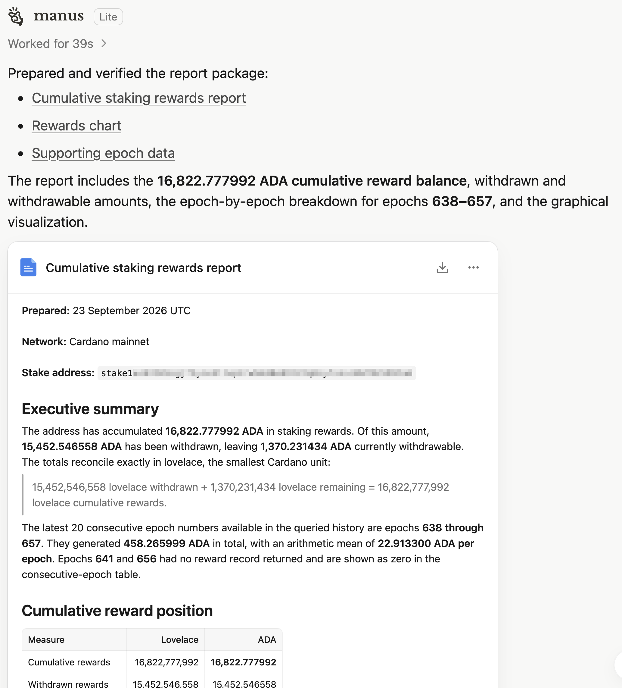 screenshot of how manus outputs a report on a staking address' rewards
